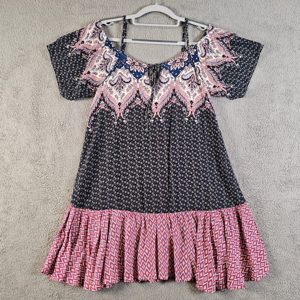 Umgee USA Boho Paisley Cold Shoulder Mini Dress Small Blue Pink G0116